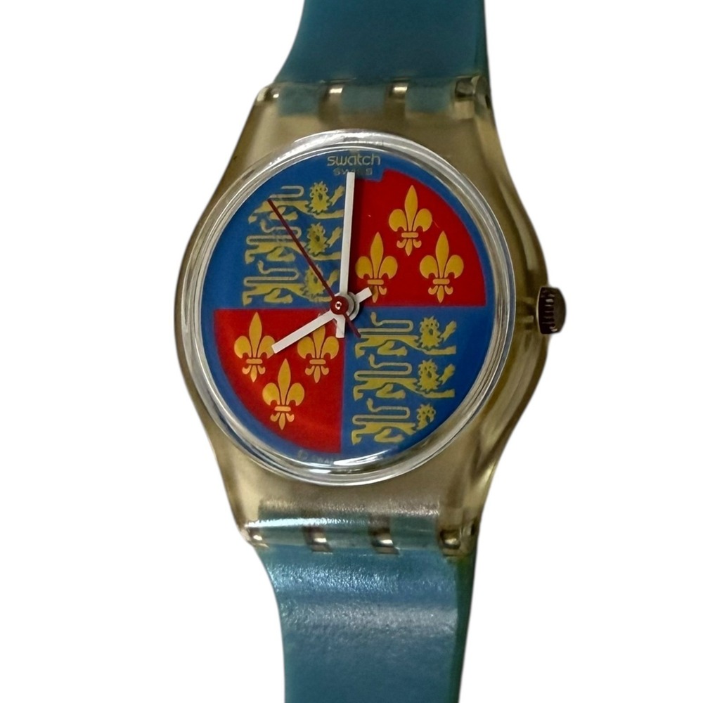 Vintage Swatch Watch Lionheart Clear Case with Blue Strap Swiss Quartz 80s GK144